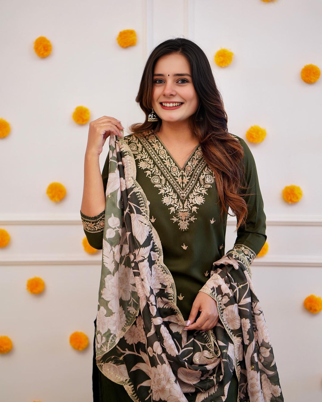 Green Reyon dress with organza duptta