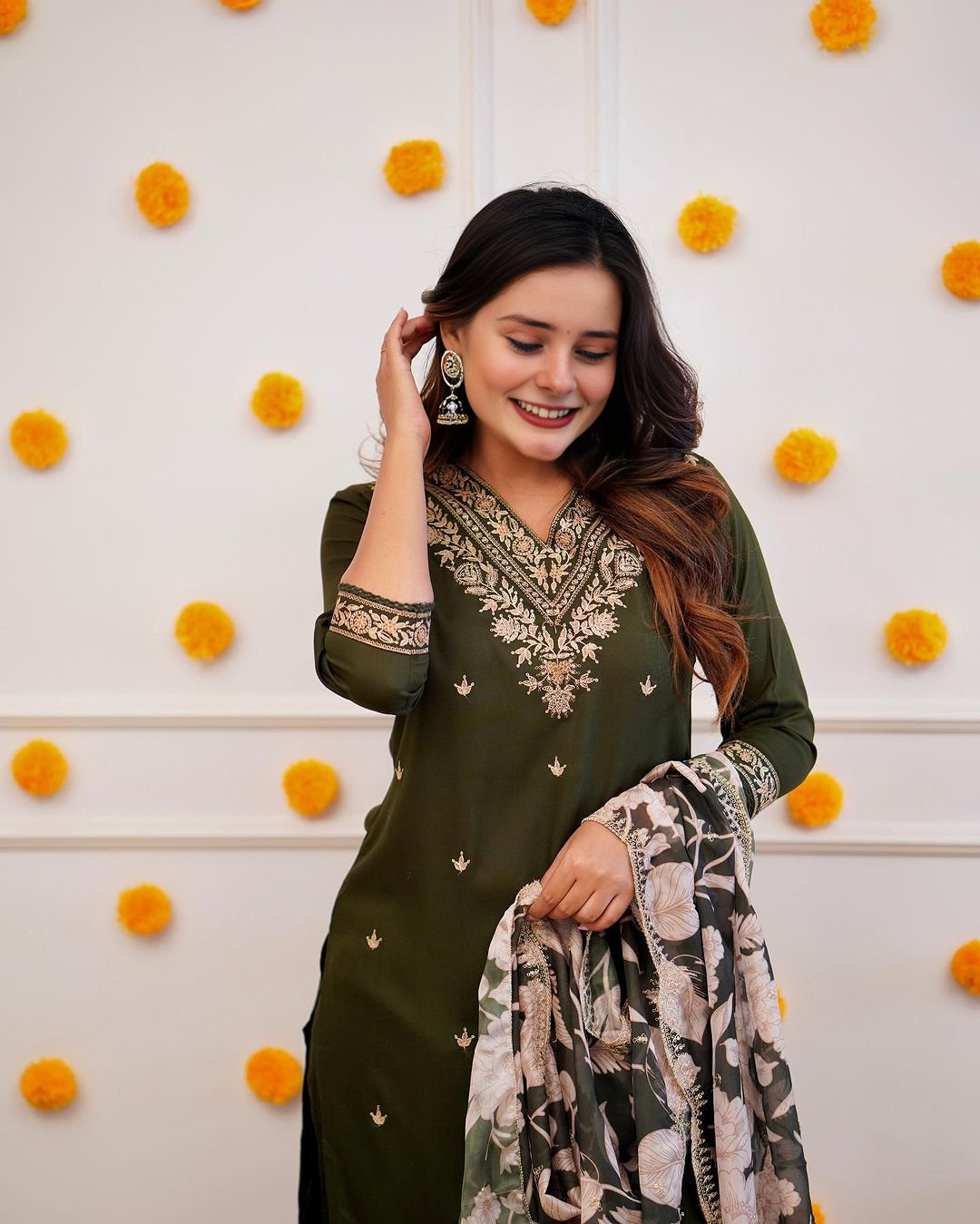 Green Reyon dress with organza duptta