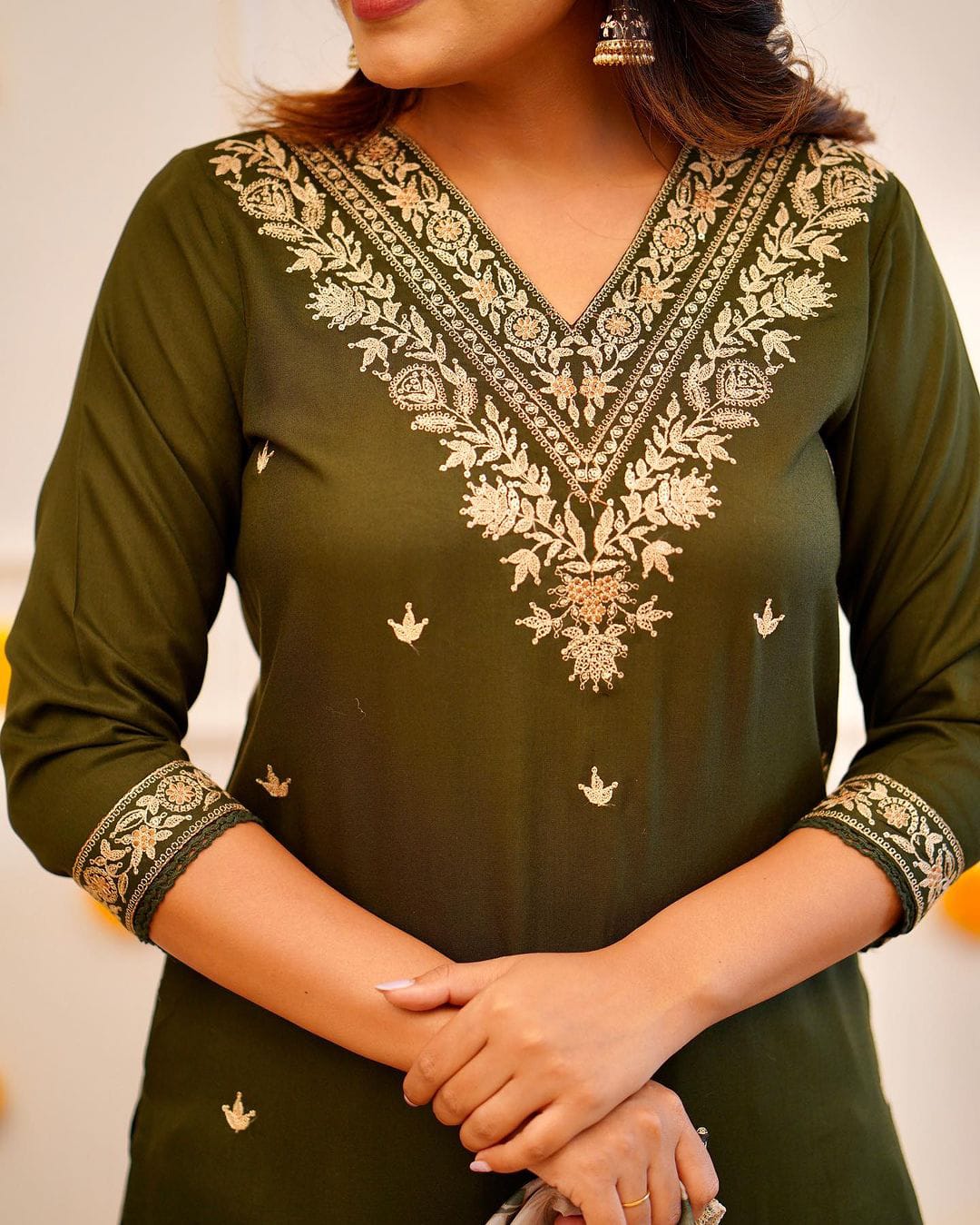 Green Reyon dress with organza duptta